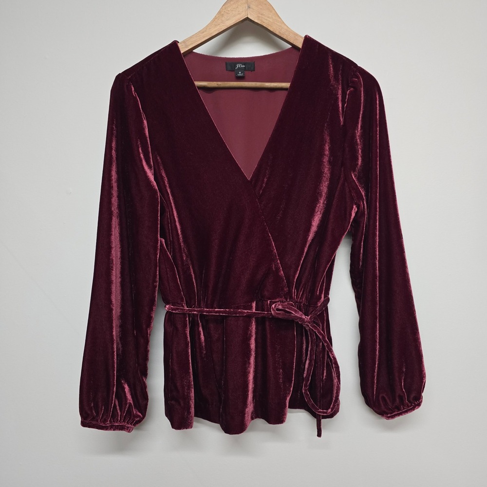 J.Crew Velvet Faux Wrap Top Women 8 Burgundy Viscose Long Sleeve Holiday